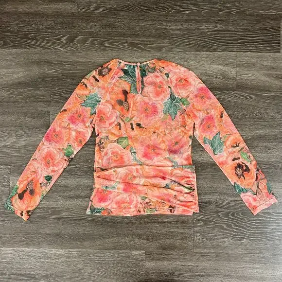 Ala Von Auersperg Mesh Top Taj‎ Floral Print Sheer Long Sleeve Tie Waist Pink M - Picture 12 of 16